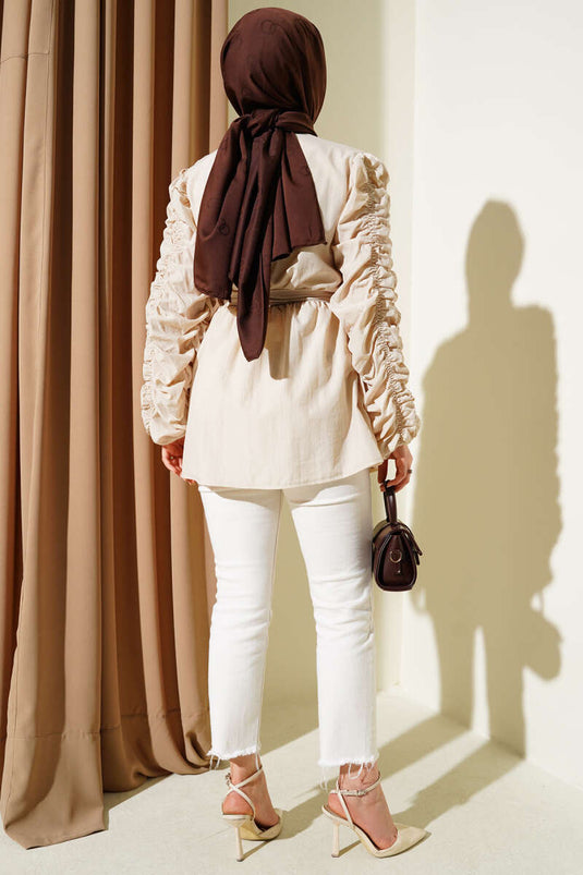 Büzgülü Fermuarlı Kuşaklı Ceket Bej