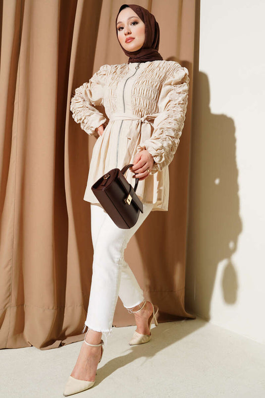 Büzgülü Fermuarlı Kuşaklı Ceket Bej