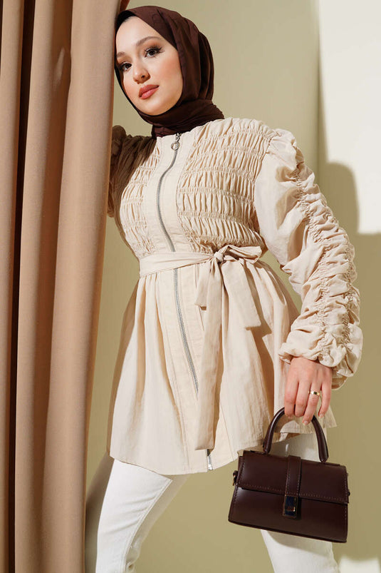 Veste ceinturée à cordon de serrage et fermeture éclair beige