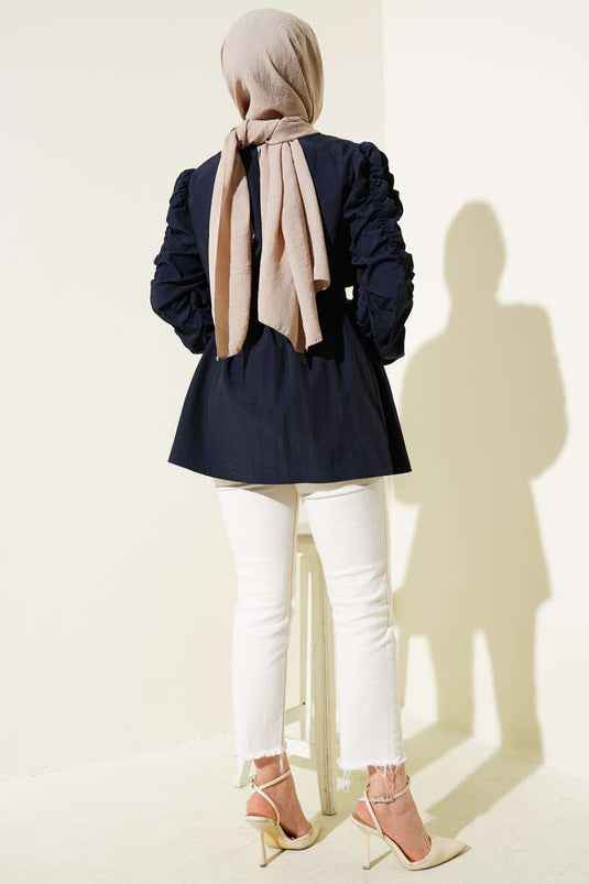 Büzgülü Fermuarlı Kuşaklı Ceket Lacivert