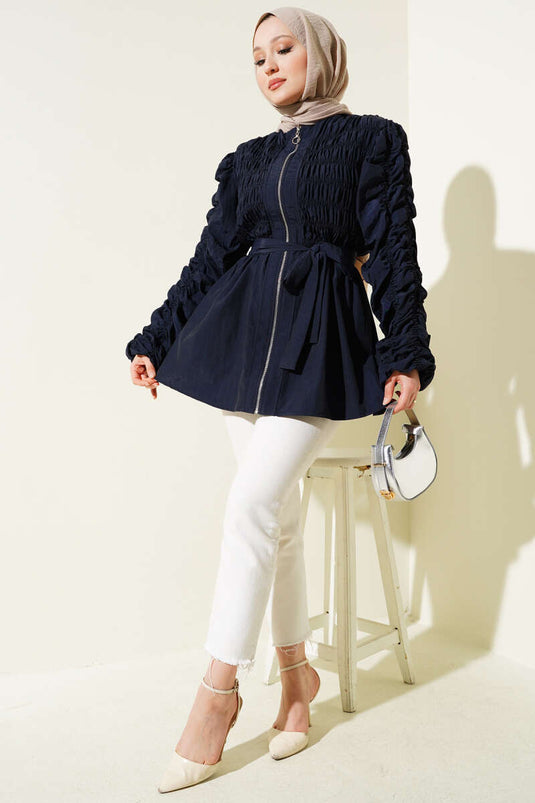 Büzgülü Fermuarlı Kuşaklı Ceket Lacivert