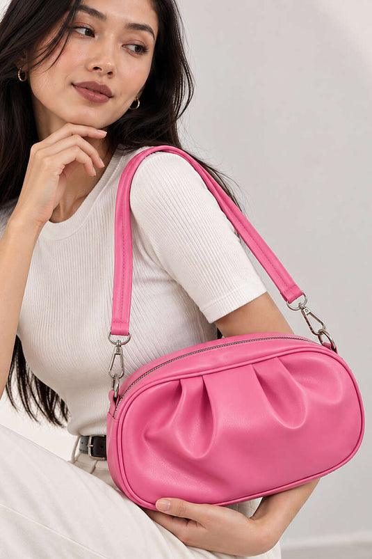 Bolso Ovalado Rosa Con Cordón Y Cierre De Cremallera