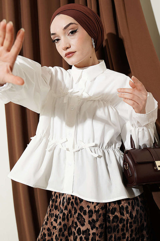 Short Shirt with Drawstring Bow White