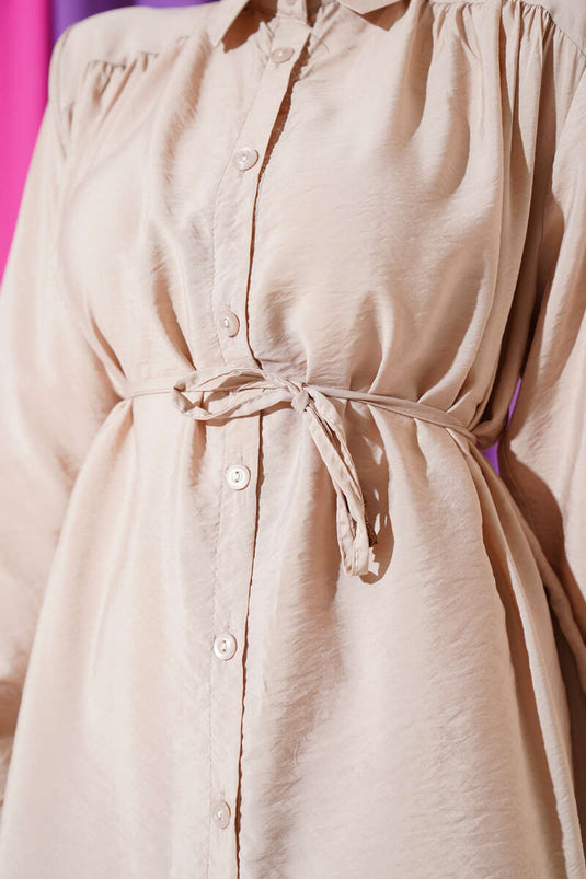 Büzgülü İp Kuşaklı Basic İkili Takım Bej