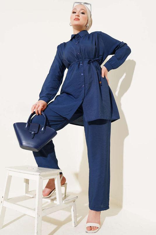 Basic Two Piece Suit with Drawstring Belt Navy Blue