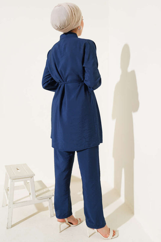 Basic Two Piece Suit with Drawstring Belt Navy Blue