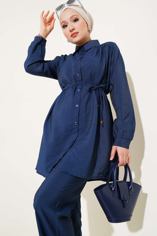 Basic Two Piece Suit with Drawstring Belt Navy Blue