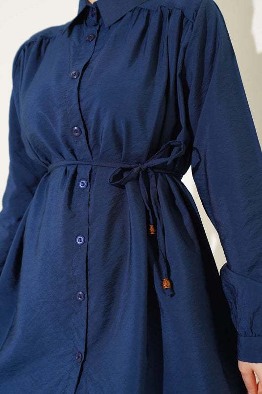 Basic Two Piece Suit with Drawstring Belt Navy Blue