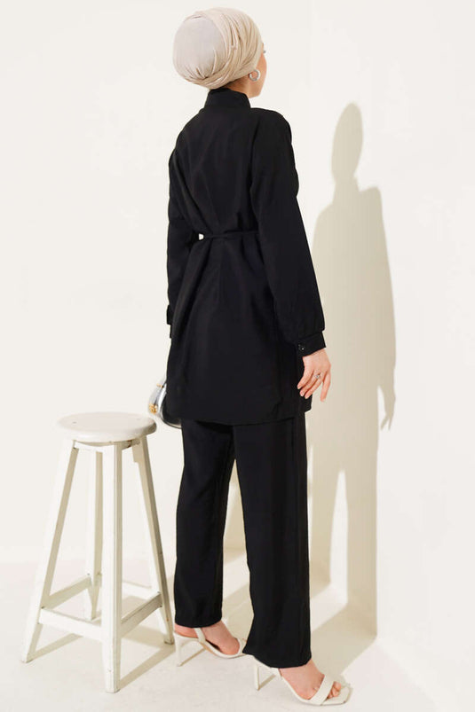 Büzgülü İp Kuşaklı Basic İkili Takım Siyah