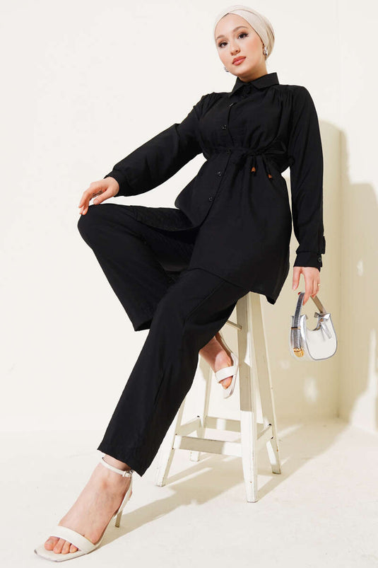 Büzgülü İp Kuşaklı Basic İkili Takım Siyah