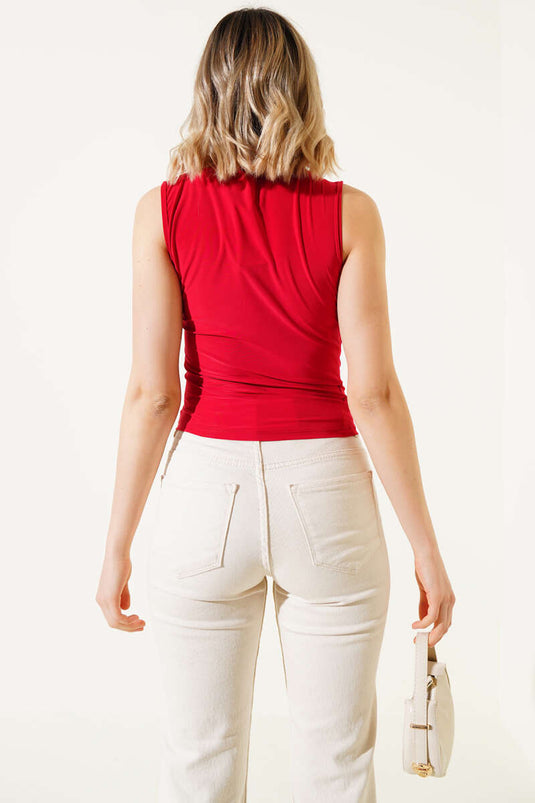 Gathered Sleeveless Blouse Red