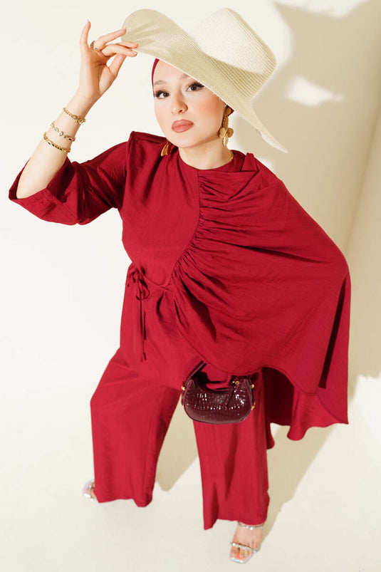Pleated Shoulder Cape Two Piece Suit Claret Red
