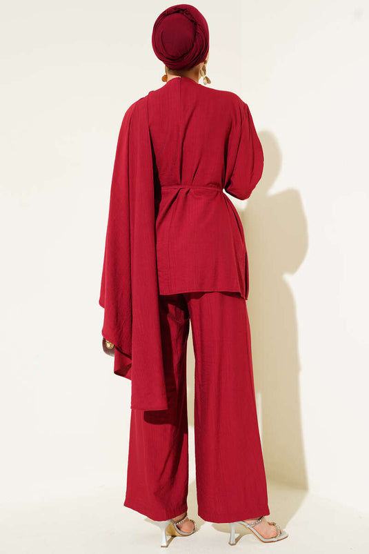Pleated Shoulder Cape Two Piece Suit Claret Red
