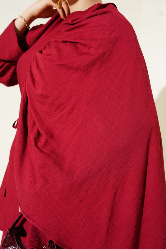 Pleated Shoulder Cape Two Piece Suit Claret Red