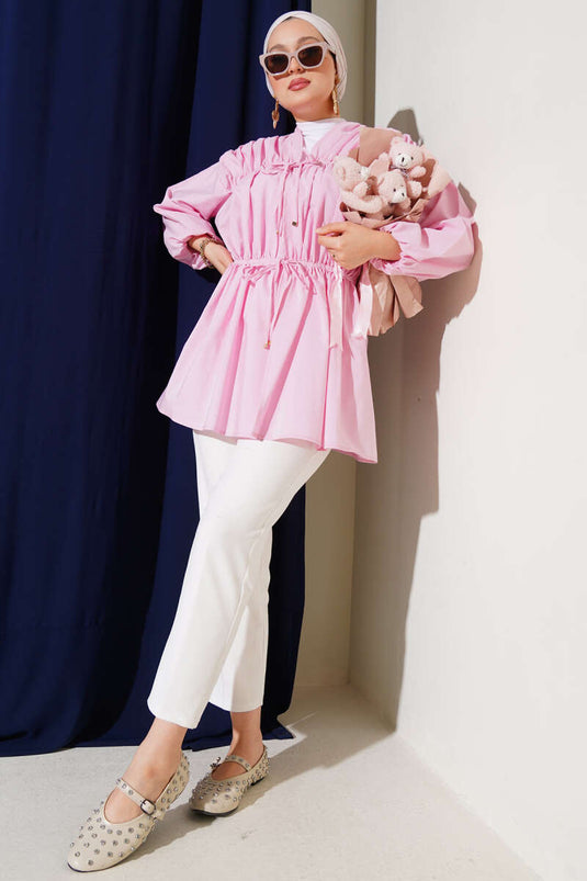 Büzgülü Önden Bağlamalı Kimono Pembe