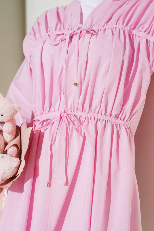 Büzgülü Önden Bağlamalı Kimono Pembe