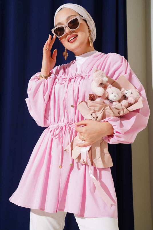 Büzgülü Önden Bağlamalı Kimono Pembe