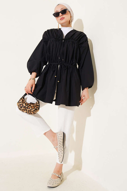 كيمونو أسود برباط أمامي مطوي