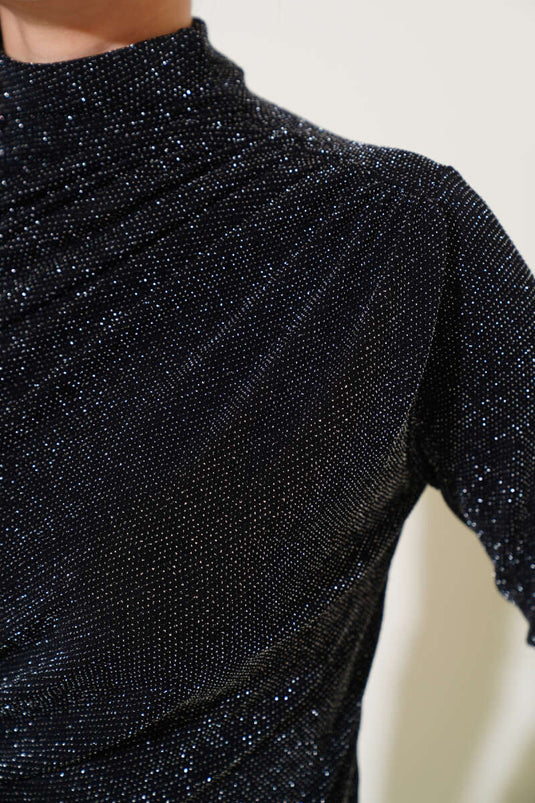 Gathered Long Sleeve Glittery Blouse Black