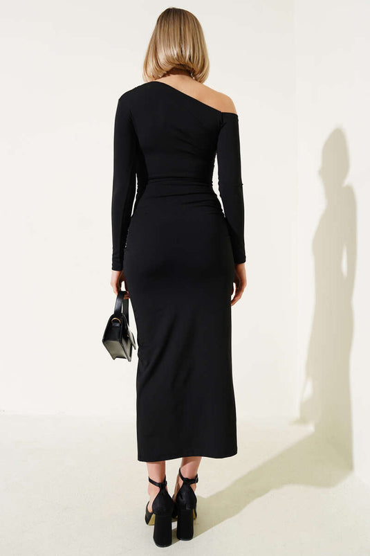 Gathered Slit Long Sleeve Dress Black