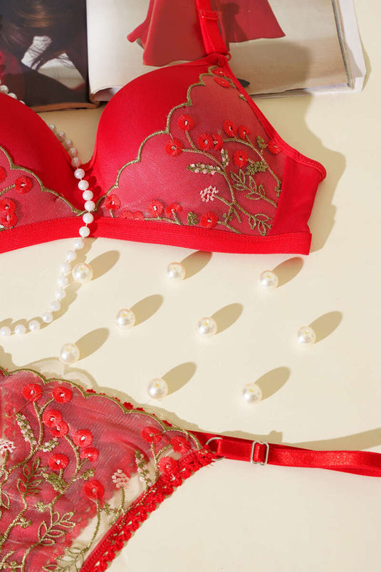 Ensemble soutien-gorge Lotus rouge à lacets, bonnet C, sans maintien