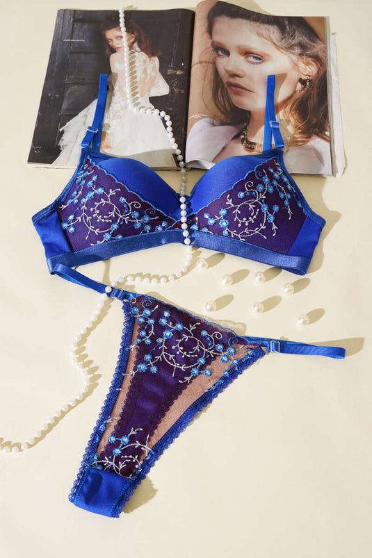 Ensemble soutien-gorge Lotus à lacets, bonnet C, sans rembourrage (bleu marine)