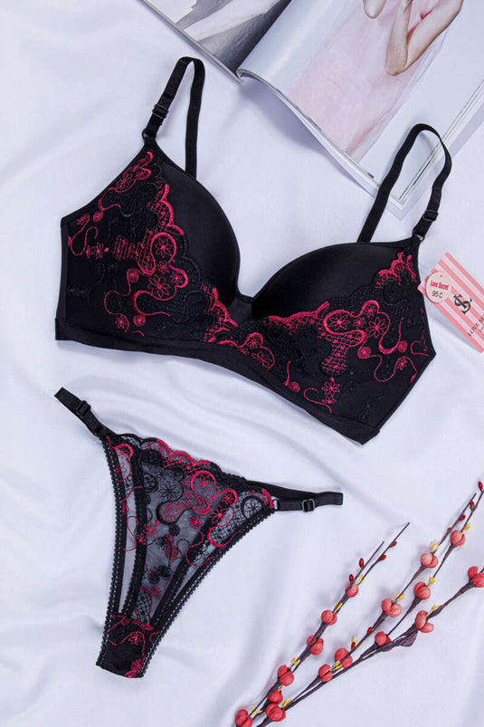 C Cup Dantelli Desteksiz Lotus Sütyen Takım Siyah Fuşya