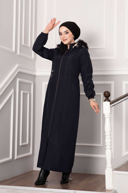 Manteau Doublé De Fourrure Détail Poche Bleu Marine