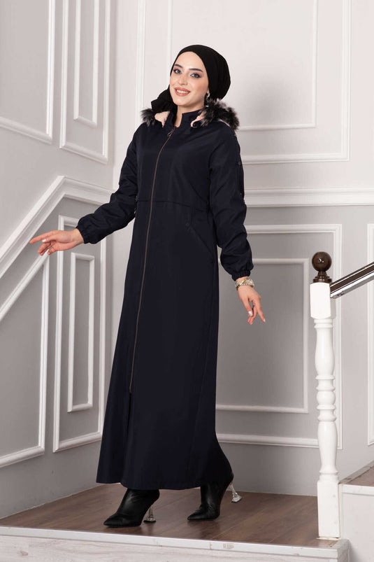 Manteau Doublé De Fourrure Détail Poche Bleu Marine