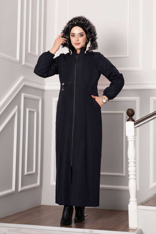 Manteau Doublé De Fourrure Détail Poche Bleu Marine