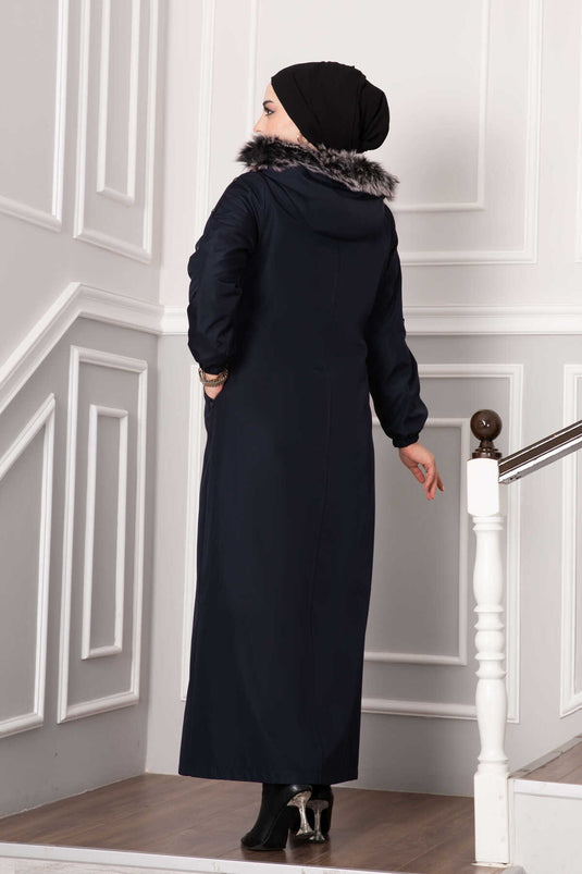 Manteau Doublé De Fourrure Détail Poche Bleu Marine