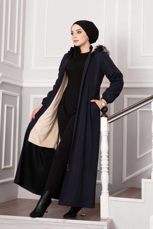 Manteau Doublé De Fourrure Détail Poche Bleu Marine