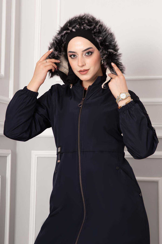 Manteau Doublé De Fourrure Détail Poche Bleu Marine