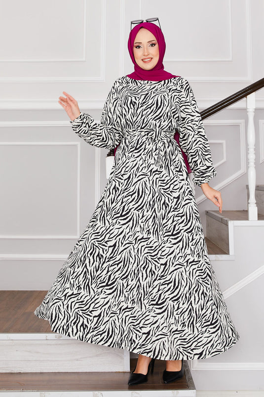 Cracked Pattern Belted Pleated Modest Dress White