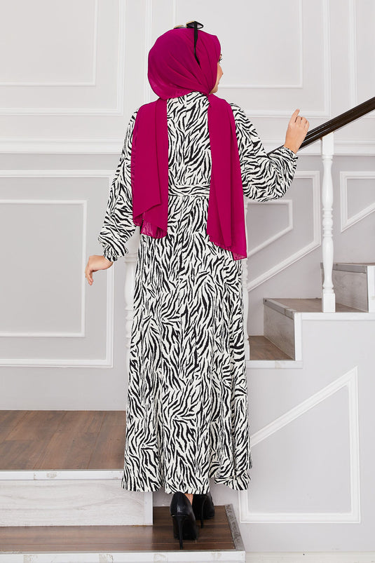 Cracked Pattern Belted Pleated Modest Dress White