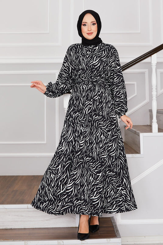 Broken Pattern Belted Pleated Modest Dress Black