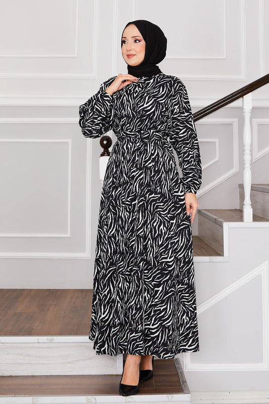 Broken Pattern Belted Pleated Modest Dress Black