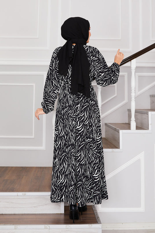 Broken Pattern Belted Pleated Modest Dress Black