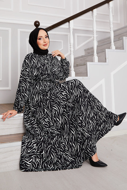 Broken Pattern Belted Pleated Modest Dress Black