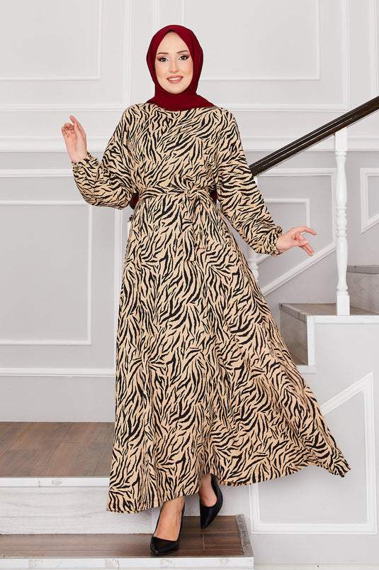 Broken Cam Pattern Belted Pleated Modest Dress Beige