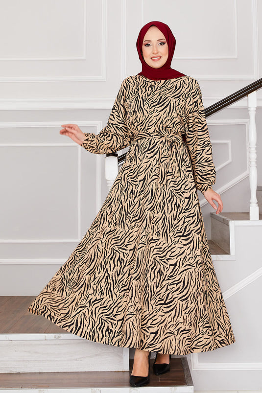 Broken Cam Pattern Belted Pleated Modest Dress Beige