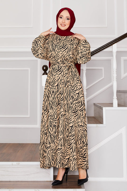 Broken Cam Pattern Belted Pleated Modest Dress Beige