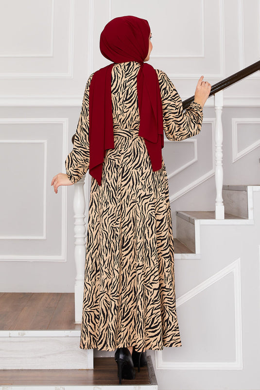 Broken Cam Pattern Belted Pleated Modest Dress Beige