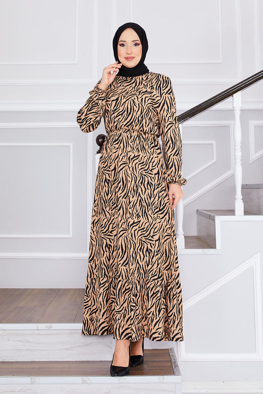 Broken Patterned Crinkled Modest Dress Beige