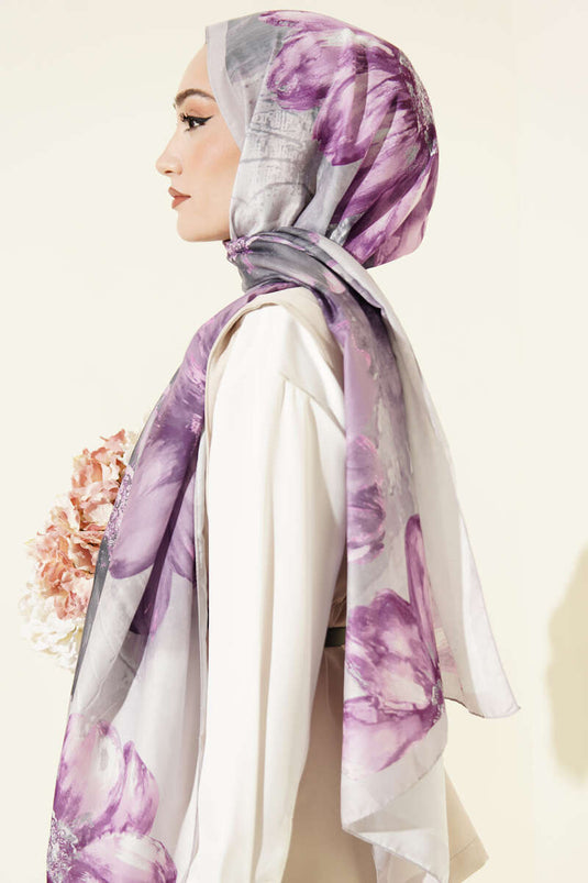 Camellia Patterned Shawl Stone Gray