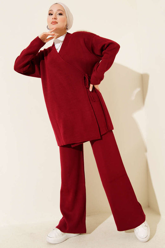 Çapraz Bağlamalı Triko Takım Bordo