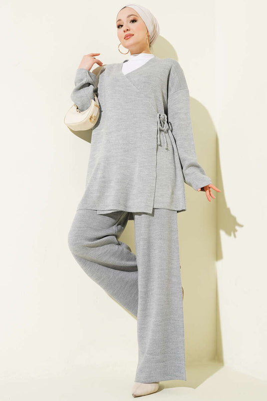 طقم منسوج محبوك متشابك رمادي