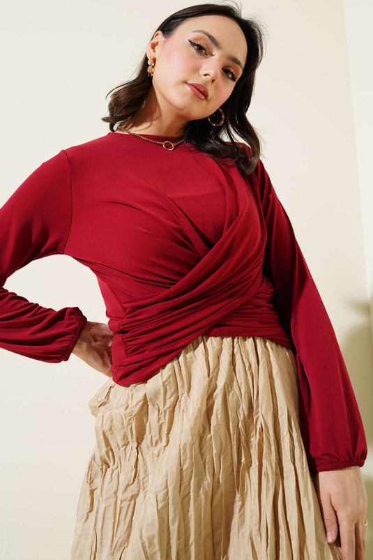 بلوزة رملية مكشكشة متقاطعة، لون عنابي