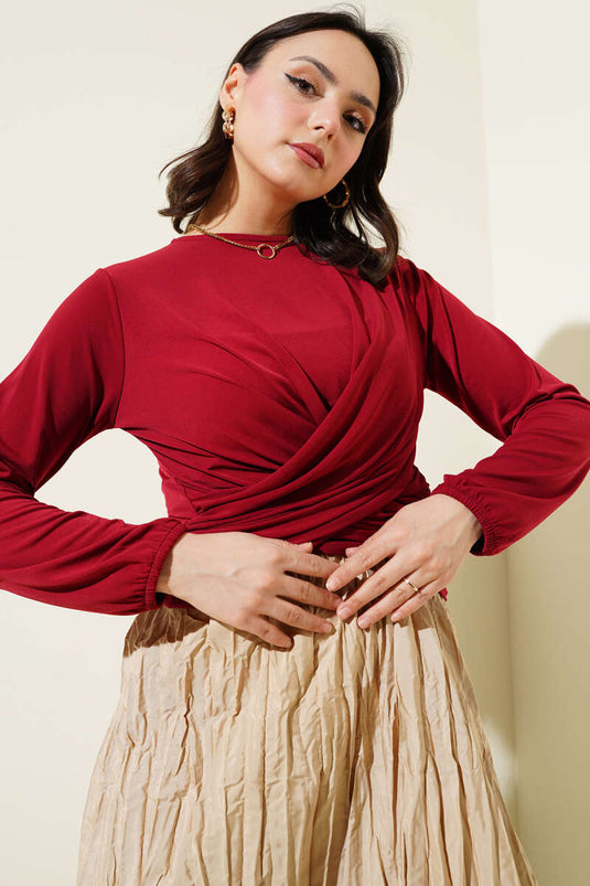 بلوزة رملية مكشكشة متقاطعة، لون عنابي