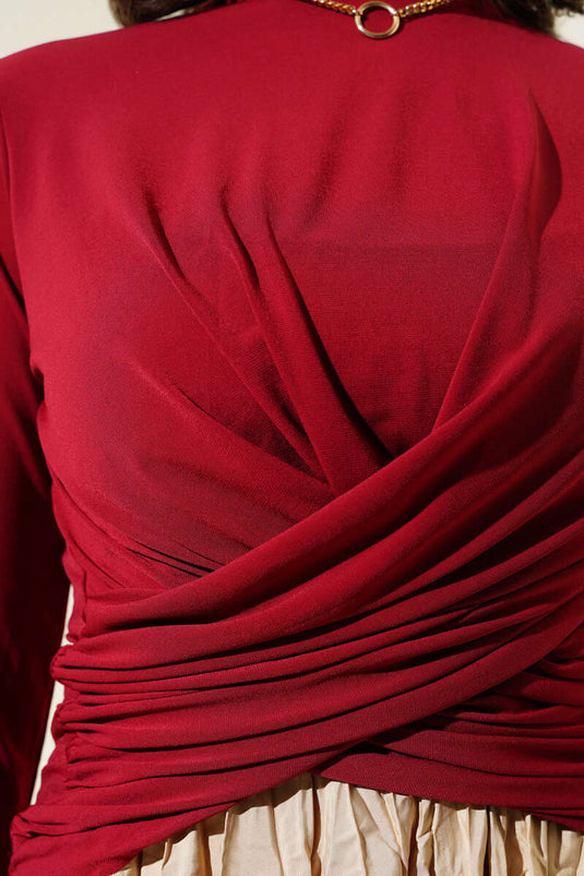 بلوزة رملية مكشكشة متقاطعة، لون عنابي